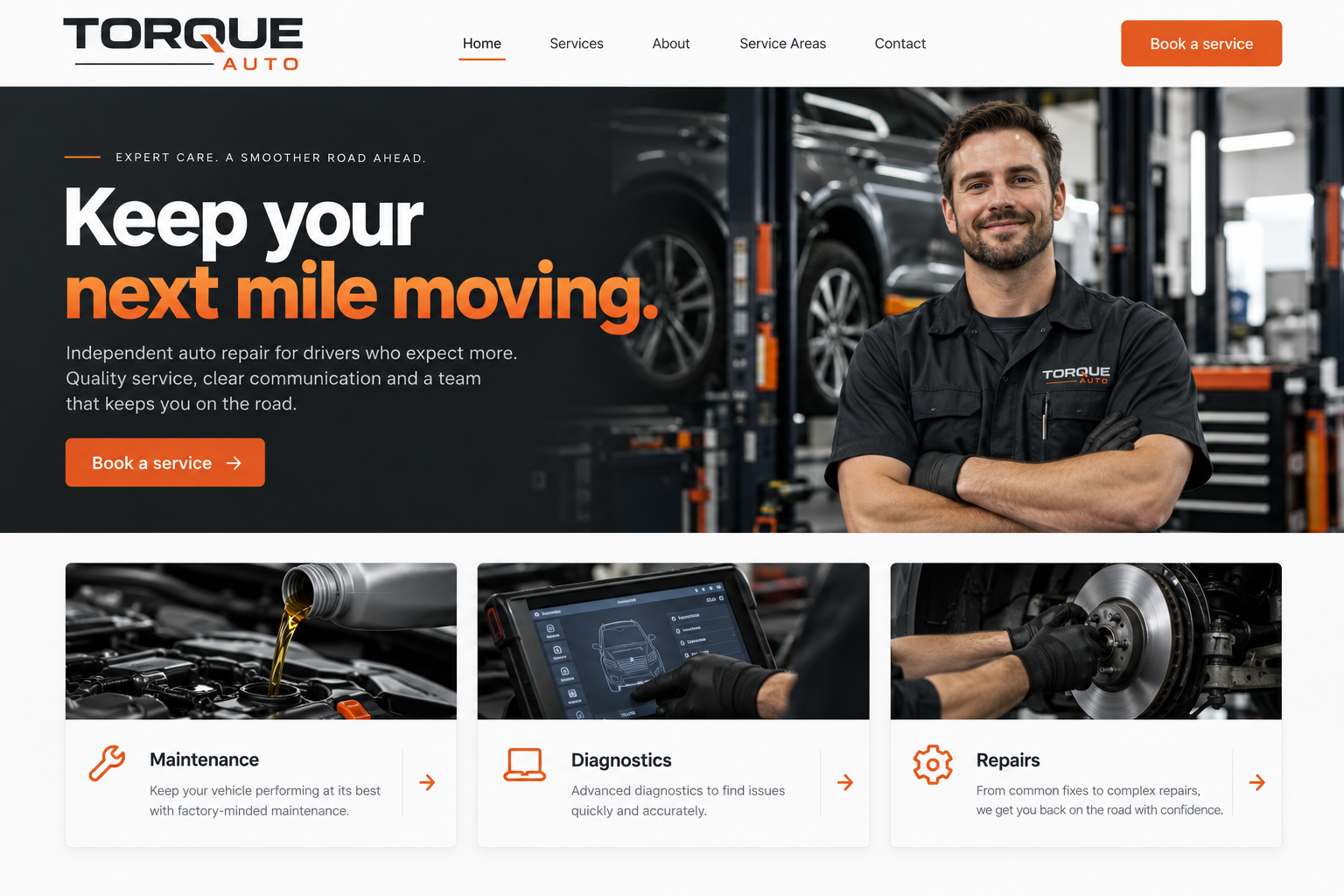 Torque Auto: an illustrative automotive services homepage design