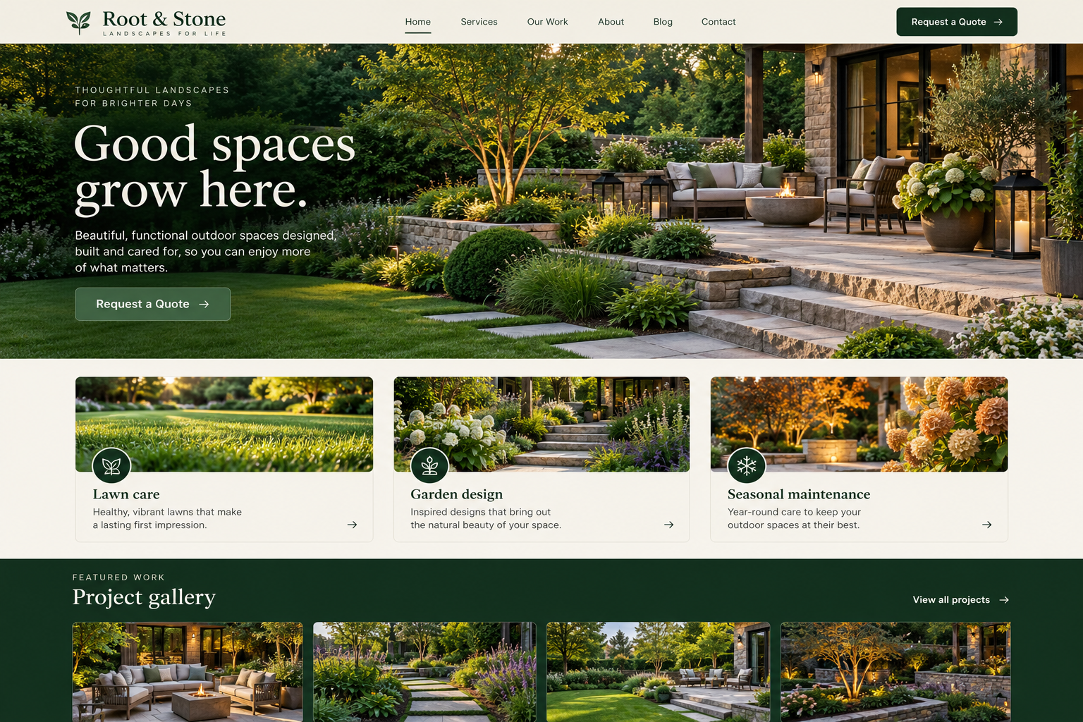 Root & Stone: an illustrative landscaping & lawn care homepage design