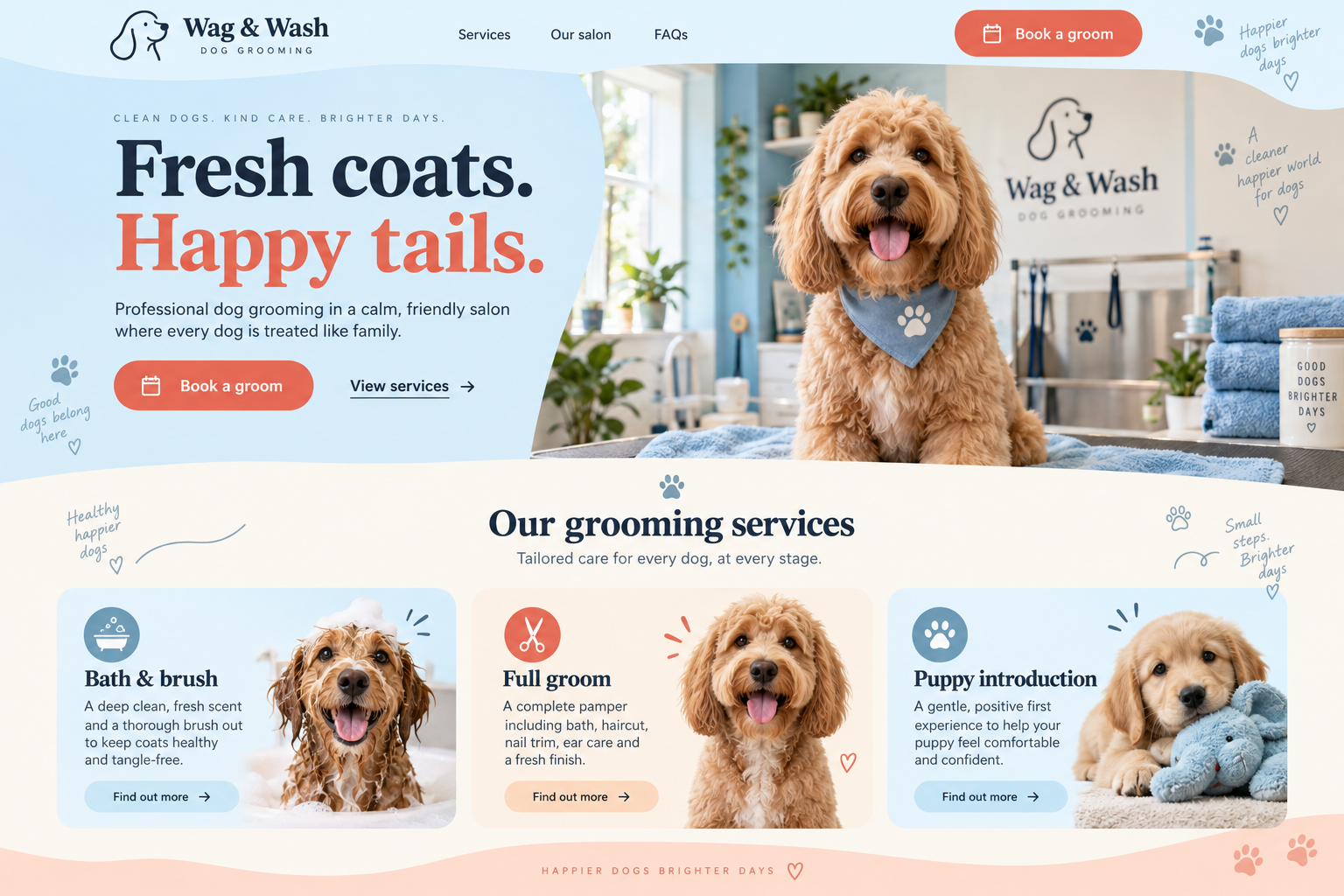 Wag & Wash: an illustrative dog grooming salons homepage design
